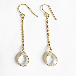 Gold Plated Clear Crystal Chain Tear Drop Earrings (NWOT)